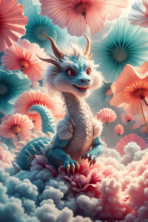  Masterpiece, high-quality, Pixar animated style, a cute Chinese dragon, cape, with a brilliant smile. Cotton candy material, its tail is like a cloud, and a rainbow cloud floats on its head. Pink flowers, pink sky, soft light, POV perspective, rich details, realistic details, light blue or light red, strong close-up, surrealistic illustrations,

, sparkling dress