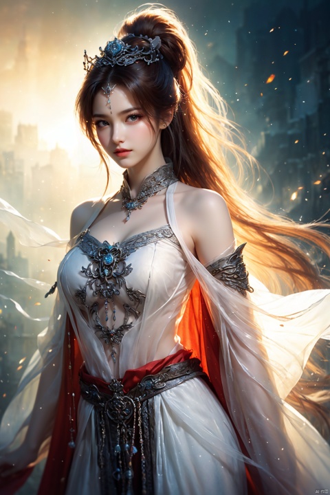 Flame,(Armour::1.4),(黑色眼睛:::1.5),(cloaked in flames:::1.4),(cape:::1.7),(absurdly long hair::::1.2),(Red Clothes::::1.5),(ponytail haircut:::::1.6),(bares shoulder:::::1.6),(tiara:::::1.5),(Lace clothes::::::1.2),(Expose the waist:::::::1.2),(Cloak:::::::1.6),(Red Clothes::::::::1.2),white bodystocking,(Transparent light white yarn:::::::::1.4),Glowing ambiance,enchanting radiance,luminous lighting,ethereal atmosphere,evocative hues,captivating coloration,dramatic lighting,enchanting aura,masterpiece,best quality,1girl,1 Chinese patterns in the middle of the girl's forehead,girl with a weak temperament,epic cinematic,soft nature lights,rim light,absurd,amazing,funny,itricate,hyper detailed,ultra realistic,soft colors,zhongfenghua,guofeng,yuyao,qzfuling,huliya,bchiron,xiaoyemao,cyborg,yuzu,pendant,bracelet,(Above waist:::::::::1.3),streamers