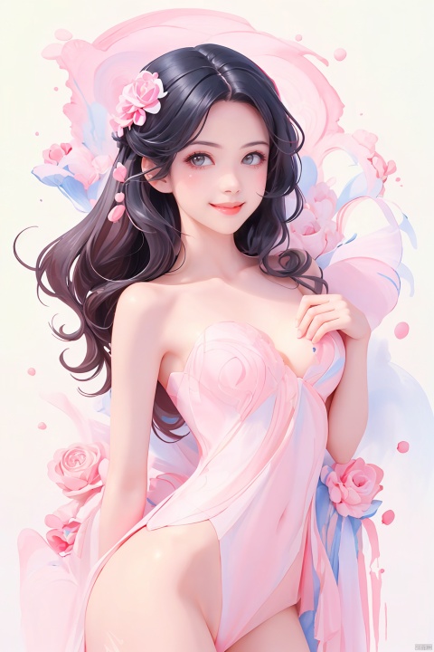  (masterpiece, best quality:1.2),(1 nude girl, smile,mid breasts),aged vintage paper, long black hair, loosen hair, a Pink pattern with white swirls ,Pencil Draw, sufei, watercolor \(medium\)