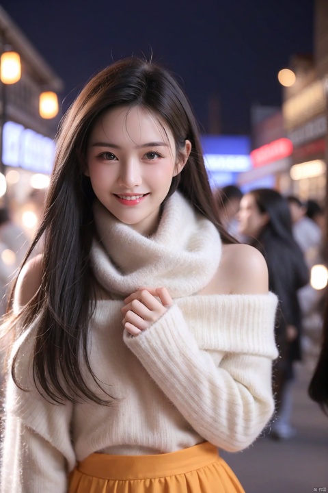  Smiling girl, French girl,looking at the audience, half-body, close-up, night, street, festival lights, romantic atmosphere, flowing long hair, long skirt, scarf, sweater, correct hands, close-up, background blur