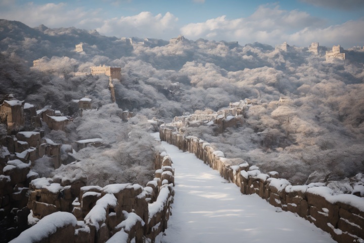  (raw photo:1.3), (masterpiece),(highquality),bestquality,real,(realistic),superdetailed,(, fulldetail),(4k), 8K, colorful, vibrant, trending on artsation, (cinematic mood:1.3), scene of the Great Wall is covered in snow and the trees are bare, the Great Wall winds through the mountains and disappears into the mist, the sky is pale blue and the mountains are shrouded in mist, the photo was taken from an elevated position overlooking the Great Wall, snow mountain, inspiration by by esao andrews, shutterstock contest winner, art photography, national geographic photo, dynamic composition, associated press photo, ancient architecture
