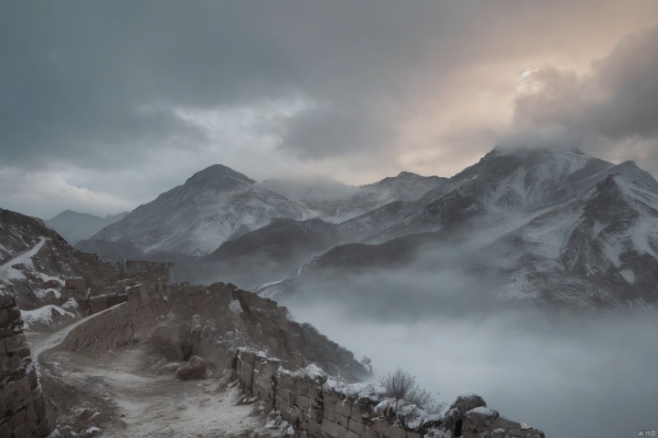 (raw photo:1.3), (masterpiece),(highquality),bestquality,real,(realistic),superdetailed,(, fulldetail),(4k), 8K, colorful, vibrant, trending on artsation, (cinematic mood:1.3), scene of the Great Wall is covered in snow and the trees are bare, the Great Wall winds through the mountains and disappears into the mist, the sky is pale blue and the mountains are shrouded in mist, the photo was taken from an elevated position overlooking the Great Wall, snow mountain, inspiration by by esao andrews, shutterstock contest winner, art photography, national geographic photo, dynamic composition, associated press photo, 