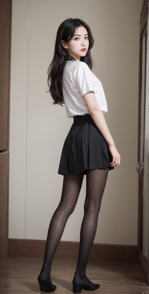  front view,1girl,solo,black long hair,black eyes,black pantyhose,white short sleeved shirt,standing,(looking_at_viewer:1.1),watson cross,hyness,full body,slender,tall,slender,arms_behind_back,black skirt, sufei