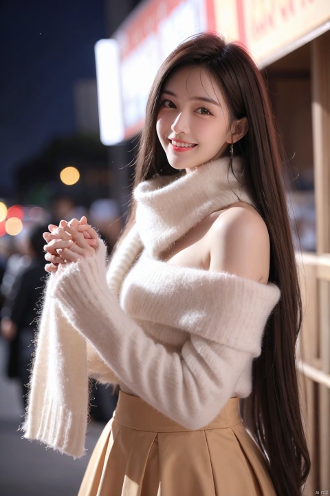  Smiling girl, French girl, holding a skirt in her left hand, looking at the audience, half-body, close-up, holding hands, night, street, festival lights, romantic atmosphere, flowing long hair, long skirt, scarf, sweater, correct hands, close-up, background blur