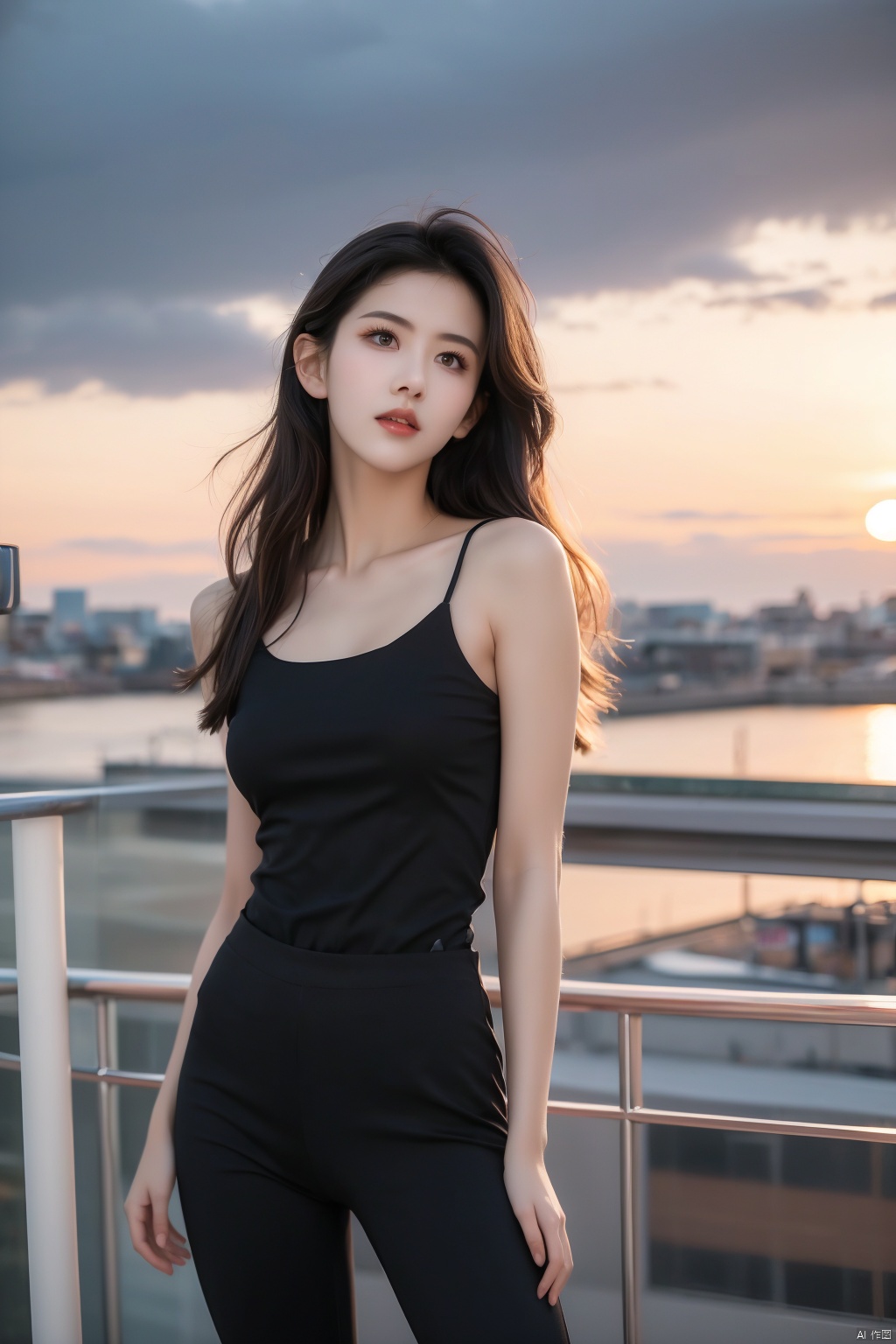  NSFW,Frontal photography,Look front,evening,dark clouds,the setting sun,On the city rooftop,A 20 year old female,Black top,Black Leggings,black hair,long hair, dark theme, muted tones, pastel colors, high contrast, (natural skin texture, A dim light, high clarity) ((sky background))((Facial highlights)), sufei