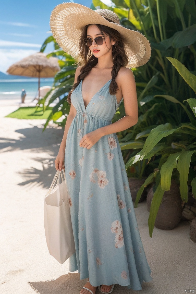 temptation,1 girl,solo,upper body,Elegant and flowy maxi dress in a vibrant color or pattern Polished and radiant with natural-looking makeup and loose waves Beachside resort or a garden party Floppy sun hat and oversized sunglasses,with a straw tote bag to complete the look Loose waves or braided updo,with floral hair accessories for a touch of whimsy, sufei