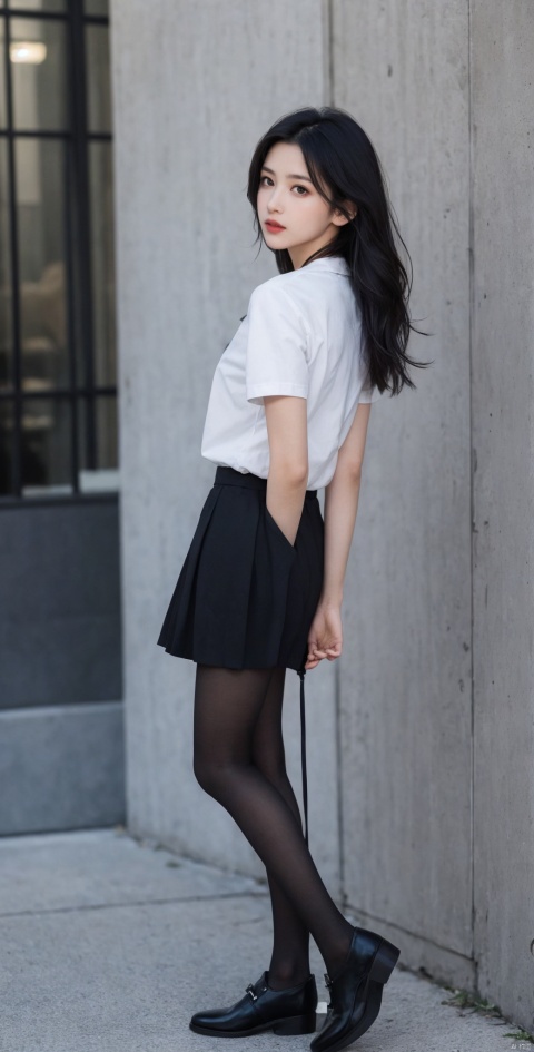  front view,1girl,solo,black long hair,black eyes,black pantyhose,white short sleeved shirt,standing,(looking_at_viewer:1.1),watson cross,hyness,full body,slender,tall,slender,arms_behind_back,black skirt, sufei