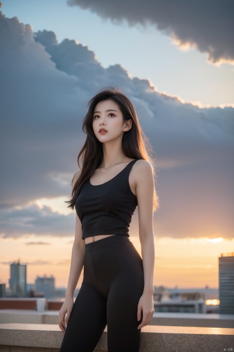  NSFW,Frontal photography,Look front,evening,dark clouds,the setting sun,On the city rooftop,A 20 year old female,Black top,Black Leggings,black hair,long hair, dark theme, muted tones, pastel colors, high contrast, (natural skin texture, A dim light, high clarity) ((sky background))((Facial highlights)), sufei