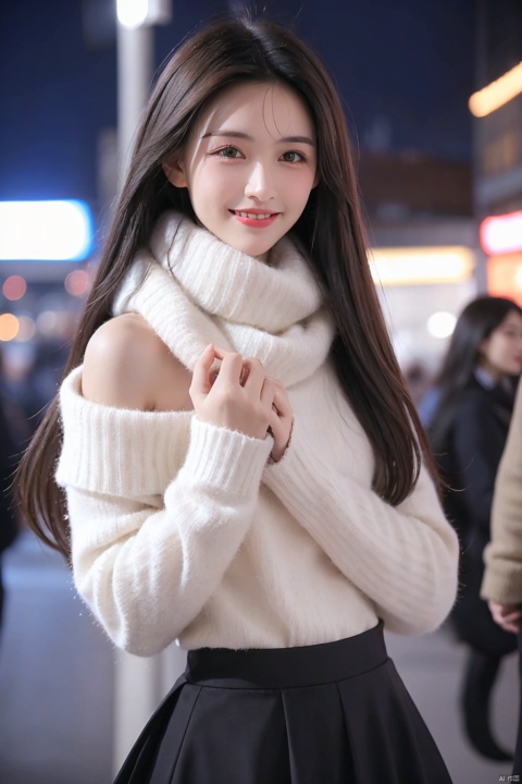 Smiling girl, French girl, holding a skirt in her left hand, looking at the audience, half-body, close-up, holding hands, night, street, festival lights, romantic atmosphere, flowing long hair, long skirt, scarf, sweater, correct hands, close-up, background blur