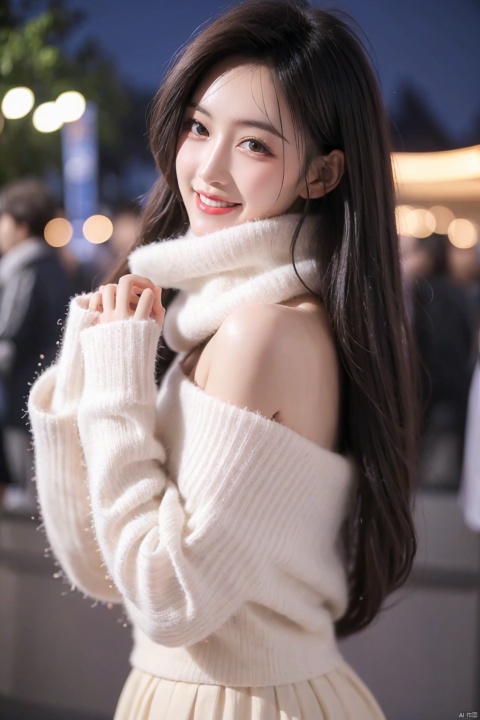  Smiling girl, French girl,looking at the audience, half-body, close-up, night, street, festival lights, romantic atmosphere, flowing long hair, long skirt, scarf, sweater, correct hands, close-up, background blur