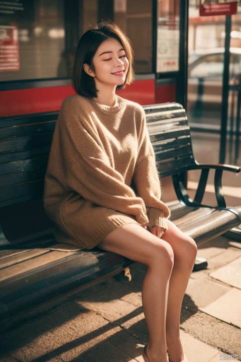 (1 girl:1),European and American,(with a side face:1),short brown hair,exposed ears,a high necked sweater,eyes closed,central composition,lighting,ultra fine,clear focus,bus stop,nature,smile,full body