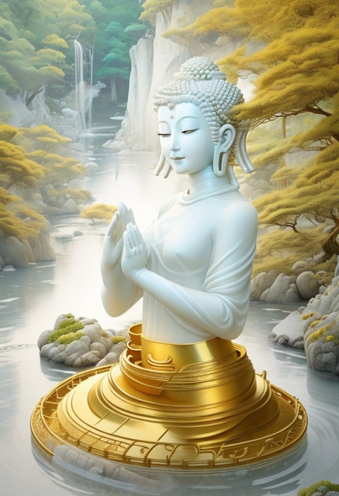  Buddha's Image: Describe the physical features of Buddha, such as "kind eyes," "gentle and approachable," "dignified and solemn." Wisdom and Compassion: Emphasize Buddha's wisdom and compassionate heart, such as "boundless wisdom," "compassionate towards all beings," "liberating sentient beings." Bodhisattva's Image: Describe the physical features of Bodhisattva, such as "kind smile," "compassionate eyes," "holding a sacred object." Wisdom and Compassion: Highlight the wisdom and compassion of Bodhisattva, such as "radiating wisdom," "power of compassion," "saving sentient beings." Buddhist Teachings: Describe the core teachings of Buddhism, such as "Four Noble Truths and Eightfold Path," "law of cause and effect," "impermanence and emptiness." Practice and Liberation: Emphasize the importance of practice and liberation, such as "path of cultivation," "state of liberation," "transcending birth and death." Buddhist Symbols: Describe common symbols in Buddhism, such as "lotus flower," "Dharma wheel," "prayer beads."golden all over, Enchanting Beauty: The environment is filled with enchanting beauty, such as vibrant and colorful flowers, lush green trees, and crystal-clear streams. Pure and Flawless: Everything in this environment is pure and flawless, without any pollution or destruction, giving a sense of divinity. Ethereal Aura: There is an ethereal aura permeating the environment, as if one can sense the presence of immortals and their mystical powers. Harmony and Balance: Everything in this environment exists in perfect harmony and balance, without any conflicts or disharmonious elements. Serene Tranquility: In this environment, one can feel a deep sense of peace and tranquility, as if time slows down and serenity prevails. Airy and Graceful: The environment gives a sense of being airy and graceful, as if one can dance with the wind and merge with nature. Mysterious and Magical: The environment is filled with a sense of mystery and magic, evoking curiosity and a desire for exploration.presenting from different perspectives.hide your hands,kasaya, light man,look up,halo