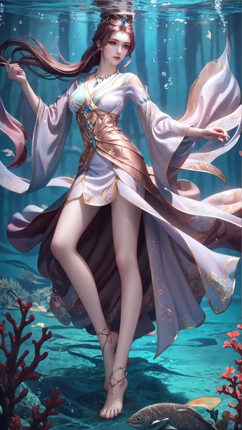  hanfu,1girl, fish, 16K,long hair, jewelry, barefoot, dress, coral, anklet, underwater, solo, white dress, full body, brown hair, necklace, water, bare legs,Hyperdetail processing