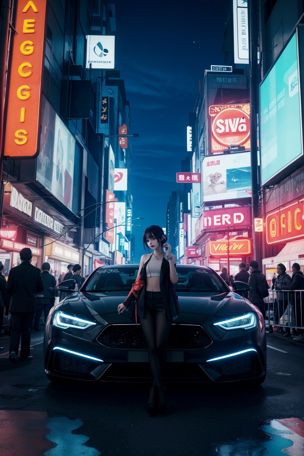 Generate a detailed image of a luxurious vehicle in a futuristic city surrounded by neon lights.,Masterpiece,1girl