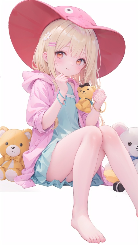  1girl, hair ornament,smile, solo, blonde hair, full body, white background, barefoot, virtual youtuber, stuffed toy, simple background, hairclip, looking at viewer, jacket, bracelet, stuffed animal, bangs, standing, holding stuffed toy, hood, closed mouth, long hair, blush, jewelry, orange eyes, hood down, holding, hooded jacket, short sleeves, bare legs, pink jacket, cuteloli, sitting,squating,looking down,JACKOPOSE