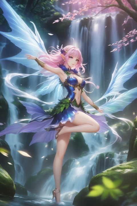  masterpiece,hyperdetail,elf (dragon's crown),fairy (girls' frontline),full body,Depth of Field,forest, waterfall,river,dotheghostalsocharming,山海经, Wearing clothes made of leaves,dynamic pose,huapighost, cure beauty,Beautiful eyes,Beautiful face makeup, dazzling fairy crown,Pink eyes, BJ_Sacred_beast, composed of elements of thunder,thunder,electricity