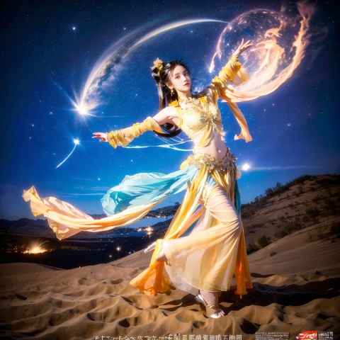  dunhuang, sheer dress, glint sparkle, 1girl, sexy, erotic_pose, sensual_pose, flirting, (masterpiece, best quality, official art, beautiful and aesthetic, photorealistic:1.3), far_moon, starry_sky, meteor shower, (wind blowing:1.3), flower blooming, flower garden, vivid colors, High-Heels, short skirts, solo, extremely detailed, CG unity 8k wallpaper, (Nikon AF-S NIKKOR 35mm f/1.4G)