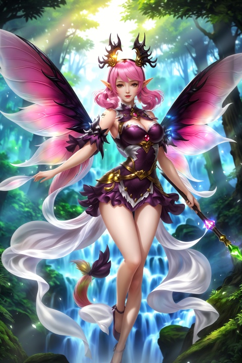  masterpiece,hyperdetail,16K,cinematic lighting,Stunning visual effects,elf (dragon's crown),fairy (girls' frontline),full body,Depth of Field,forest,femalechild,waterfall,river,山海经, Fairy queen,Gorgeous dress,dynamic pose,huapighost, cure beauty,Beautiful eyes,Beautiful face makeup, dazzling fairy crown,Pink eyes, BJ_Sacred_beast, Transparent glowing wings,Flying over the forest,