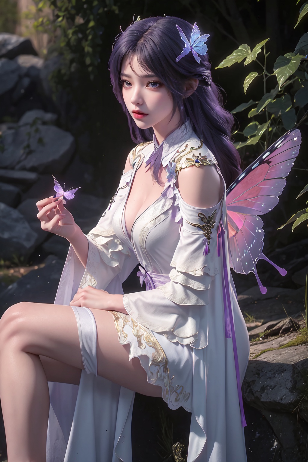  1other, bug, butterfly, light particles, pink eyes, pink hair, androgynous, flower, dress, sitting, solo, blurry, holding fruit, frills, feet out of frame, blue butterfly, food, leaf, fruit, ribbon, sidelocks, depth of field, wings, knees together feet apart, white dress, looking at viewer, holding food, hair ribbon, nature, white ribbon, plant, long hair, fingernails, side ponytail, off-shoulder dress, butterfly wings, holding, bangs, grapes, frilled dress, eyelashes, pink theme, frilled sleeves, bare shoulders, hair flower, outdoors, fairy wings, hair ornament, blue theme, blurry foreground, puffy sleeves, detached sleeves, glowing, forest, off shoulder, other focus, parted lips, finger to mouth, cross-laced clothes, purple theme, short dress, closed mouth, short sleeves, blurry background, wavy hair, layered dress, sideways glance, tree, bow, blue ribbon, raiden shogun,depth of field,1girl