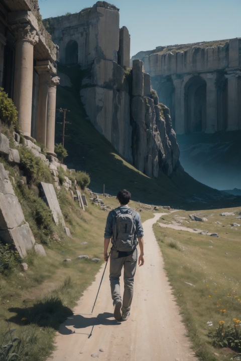 (Masterpiece), (hyper-realistic), (perfectly Detailed) image of the back of an astronout, 1boy, walking alone in an unknown and ancient landscape, full of bizzare yet fascinating flora and fauna. Even though hes alone but he still maintain his calm and keep walking forward. Artistic photography, absurdres, masterpiece 8K HDR quality image, girl