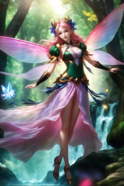  masterpiece,hyperdetail,16K,cinematic lighting,Stunning visual effects,elf (dragon's crown),fairy (girls' frontline),full body,Depth of Field,forest, female child,waterfall,river,山海经, Fairy queen,Gorgeous dress,dynamic pose,huapighost, cure beauty,Beautiful eyes,Beautiful face makeup, dazzling fairy crown,Pink eyes, BJ_Sacred_beast, Transparent glowing wings,Flying over the forest,