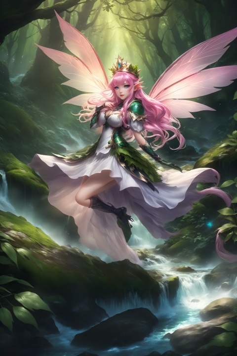  masterpiece,hyperdetail,16K,cinematic lighting,Stunning visual effects,elf (dragon's crown),fairy (girls' frontline),full body,Depth of Field,forest, female child,waterfall,river,dotheghostalsocharming,PoisonIvy,山海经, Wearing clothes made of leaves,dynamic pose,huapighost, cure beauty,Beautiful eyes,Beautiful face makeup, dazzling fairy crown,Pink eyes, BJ_Sacred_beast, Transparent glowing wings,Flying over the forest,