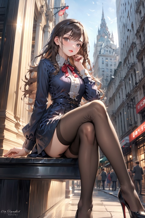  (masterpiece, best quality:1.2),highly detailed,extremely detailed,real photo, fullbody,1girl,solo,asian,looking at viewer,(body facing viewer:1.2), (relax sitting),knees separation, red lips,brown long hair, collared shirt and dress shirt,long sleeves,(knees length dress), (240D wrap hip very thick pantyhose),color high heels, good anatomy,good proportions,good pose,perfect legs,(pair shoes,pair legs:1.2), nice hand,nice figure, outdoors,buildings, (photorealistic,realistic:1.2)