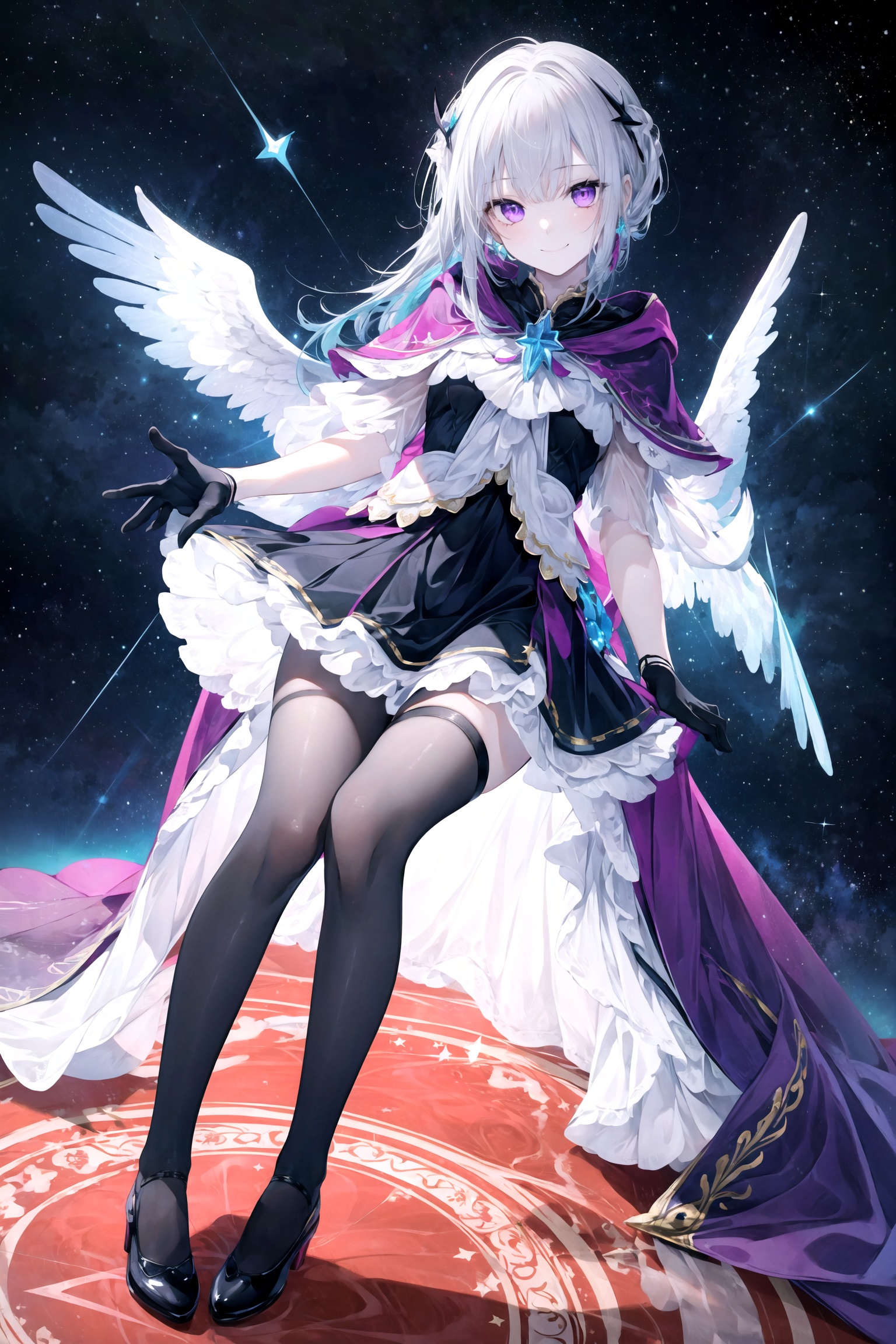  (full body),1girl,black_legwear,((winged_footwear)),juliet sleeves,black_skirt,cape,gloves,kneehighs,long_hair,looking_at_viewer,purple_eyes,skirt,smile,solo,space,star_\(sky\),star_\(symbol\),starry_sky,very_long_hair,white_gloves,
