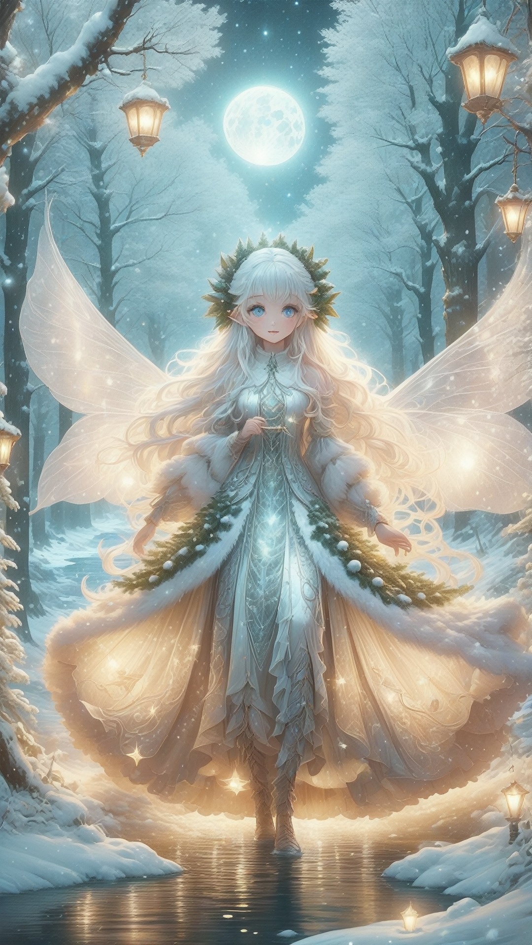 masterpiece ,best quality,16K, full moon, a beautiful elf, long hair, bright pupils, beautiful eyes, Clothes made of leaves,flying, transparent wings, shining starlit wings, clear rivers, Towering trees,treehouse,Fly in the air, super real, super detailed,,Beautiful hands,In leaf clothes, poakl christmas style,christmas, , dreamcatch