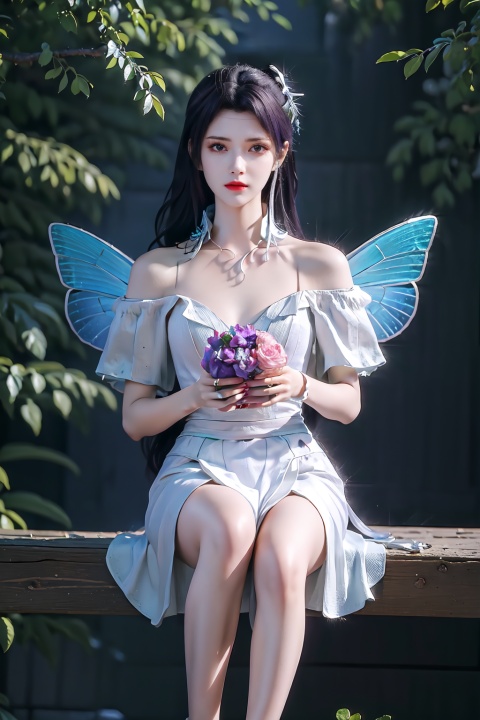  1other, bug, butterfly, light particles, pink eyes, pink hair, androgynous, flower, dress, sitting, solo, blurry, holding fruit, frills, feet out of frame, blue butterfly, food, leaf, fruit, ribbon, sidelocks, depth of field, wings, knees together feet apart, white dress, looking at viewer, holding food, hair ribbon, nature, white ribbon, plant, long hair, fingernails, side ponytail, off-shoulder dress, butterfly wings, holding, bangs, grapes, frilled dress, eyelashes, pink theme, frilled sleeves, bare shoulders, hair flower, outdoors, fairy wings, hair ornament, blue theme, blurry foreground, puffy sleeves, detached sleeves, glowing, forest, off shoulder, other focus, parted lips, finger to mouth, cross-laced clothes, purple theme, short dress, closed mouth, short sleeves, blurry background, wavy hair, layered dress, sideways glance, tree, bow, blue ribbon, raiden shogun,depth of field,1girl