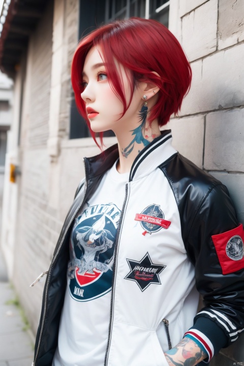Best quality, masterpiece, 1boy,1girl ,red hair, short hair, yellow eyes, spiky hair, tattoos, black pants, upper body, ear piercings, blue and white bomber jacket, profile picture, smoking