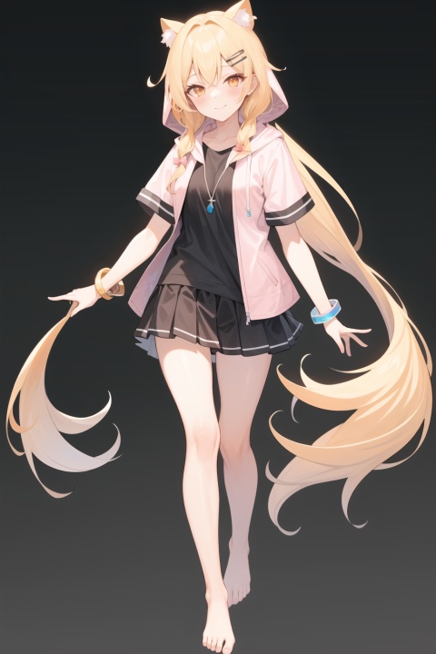  1girl, hair ornament,smile, solo, blonde hair, full body, white background, barefoot, virtual youtuber, stuffed toy, simple background, hairclip, looking at viewer, jacket, bracelet, stuffed animal, bangs, standing, holding stuffed toy, hood, closed mouth, long hair, blush, jewelry, orange eyes, hood down, holding, hooded jacket, short sleeves, bare legs, pink jacket, cuteloli, ,looking down,JACKOPOSE