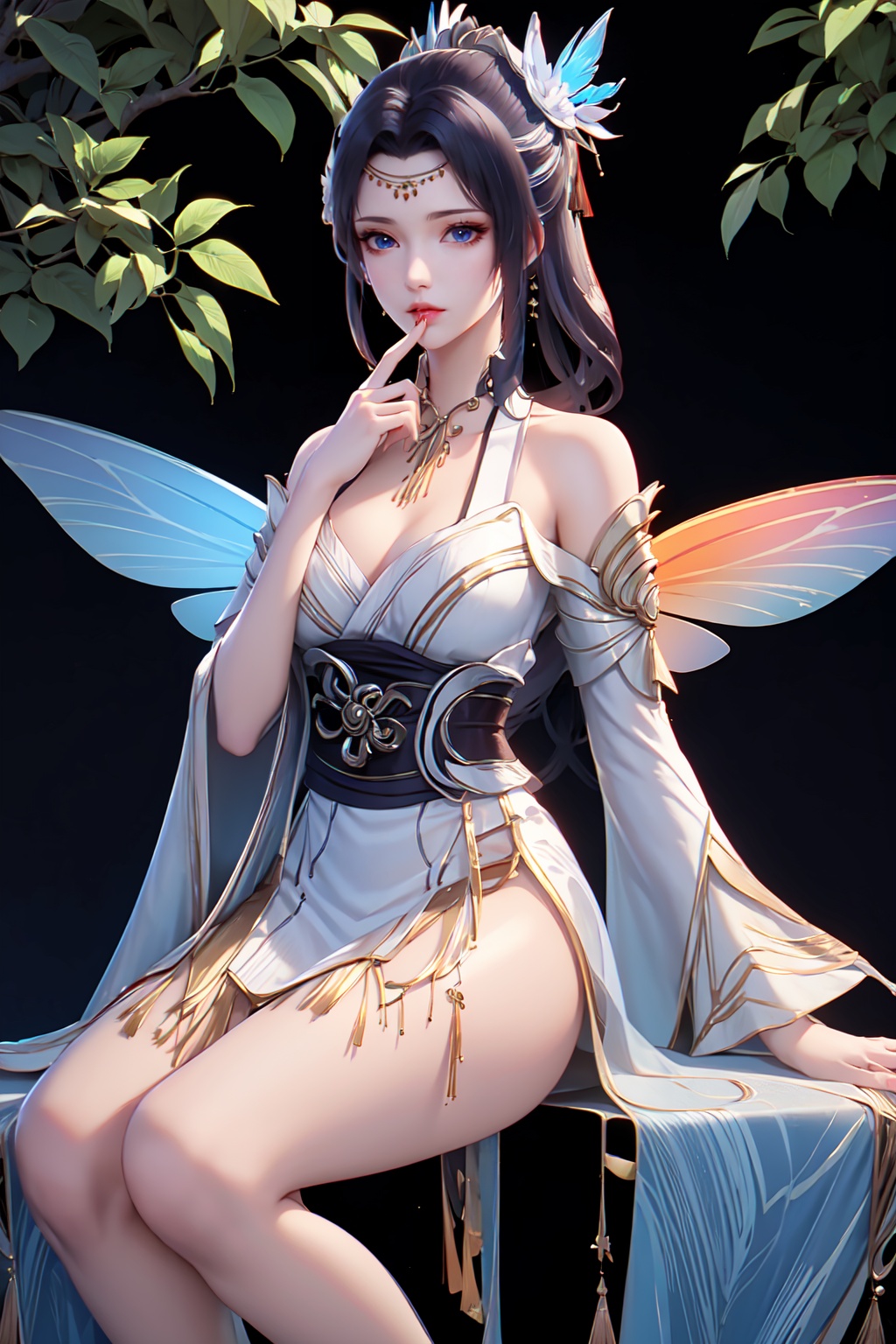  1other, bug, butterfly, light particles, pink eyes, pink hair, androgynous, flower, dress, sitting, solo, blurry, holding fruit, frills, feet out of frame, blue butterfly, food, leaf, fruit, ribbon, sidelocks, depth of field, wings, knees together feet apart, white dress, looking at viewer, holding food, hair ribbon, nature, white ribbon, plant, long hair, fingernails, side ponytail, off-shoulder dress, butterfly wings, holding, bangs, grapes, frilled dress, eyelashes, pink theme, frilled sleeves, bare shoulders, hair flower, outdoors, fairy wings, hair ornament, blue theme, blurry foreground, puffy sleeves, detached sleeves, glowing, forest, off shoulder, other focus, parted lips, finger to mouth, cross-laced clothes, purple theme, short dress, closed mouth, short sleeves, blurry background, wavy hair, layered dress, sideways glance, tree, bow, blue ribbon, raiden shogun