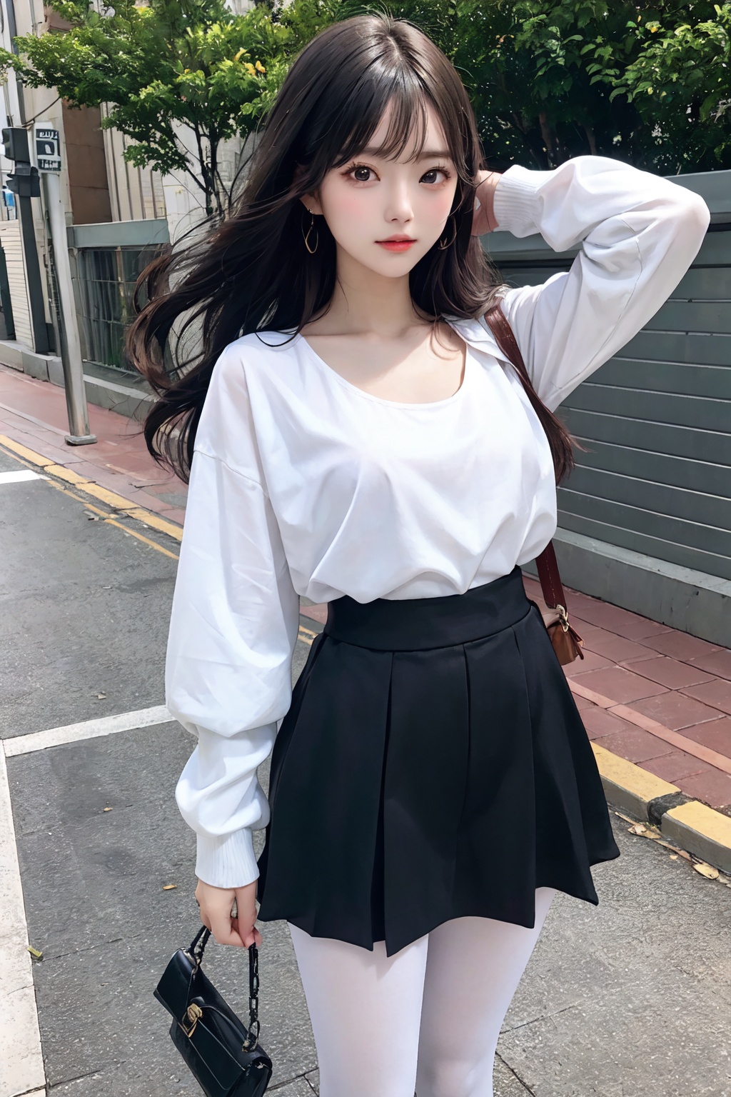 masterpiece,best quality,16K,Complex details, detailed features, long hair, detailed hair, breeze blowing, short-sleeved white shirt, neckline open, low cut, black skirt swinging in the wind, white silk long legs, high heels, royal sister, photo album,, white pantyhose
