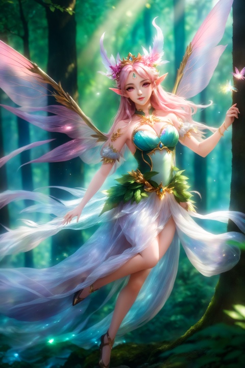  masterpiece,hyperdetail,16K,cinematic lighting,Stunning visual effects,elf (dragon's crown),fairy (girls' frontline),full body,Depth of Field,forest, femalechild,waterfall,river,山海经, Fairy queen,Gorgeous dress,Dressed in bright leaves,dynamic pose,huapighost, cure beauty,Beautiful eyes,Beautiful face makeup, dazzling fairy crown,Pink eyes, BJ_Sacred_beast, Transparent glowing wings,Flying over the forest, 6-12yifu, 11