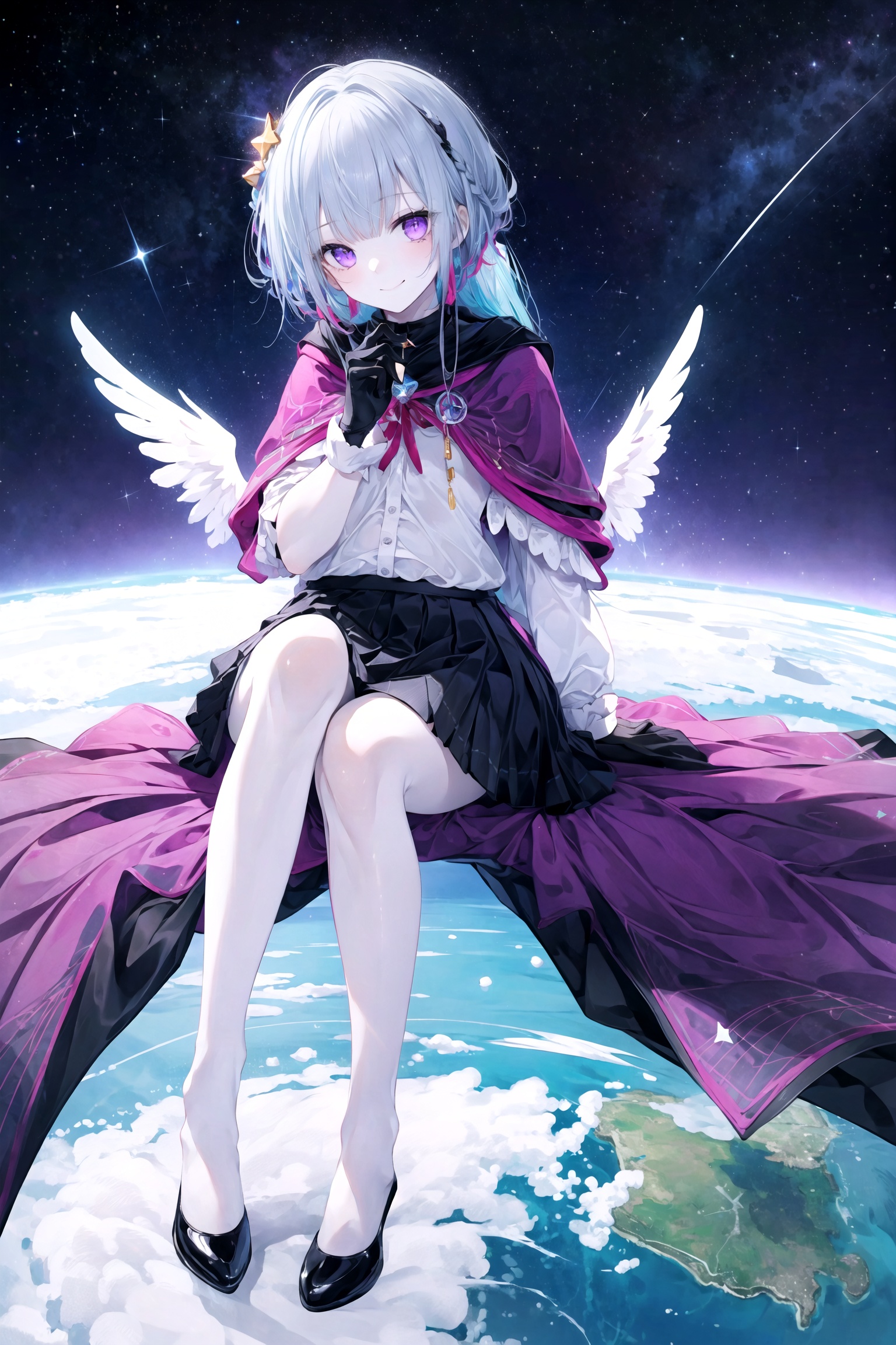  (full body),1girl,black_legwear,((winged_footwear)),juliet sleeves,black_skirt,cape,gloves,kneehighs,long_hair,looking_at_viewer,purple_eyes,skirt,smile,solo,space,star_\(sky\),star_\(symbol\),starry_sky,very_long_hair,white_gloves,
