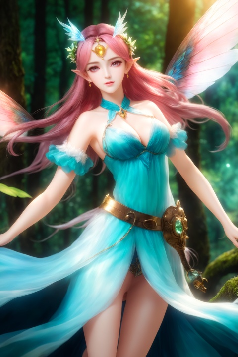  masterpiece,hyperdetail,16K,cinematic lighting,Stunning visual effects,elf (dragon's crown),fairy (girls' frontline),full body,Depth of Field,forest, female child,waterfall,river,山海经, Fairy queen,Gorgeous dress,dynamic pose,huapighost, cure beauty,Beautiful eyes,Beautiful face makeup, dazzling fairy crown,Pink eyes, BJ_Sacred_beast, Transparent glowing wings,Flying over the forest,