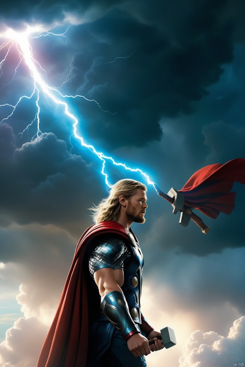 masterpiece,movie lighting, high definition,high resolution, visually Stunning,best Quality,cutting edge,Realism,lighting from various angles,flying over a cloud,thor (marvel)