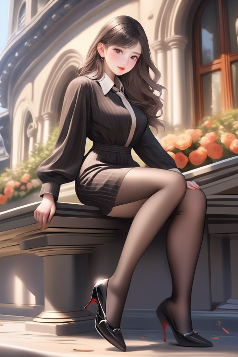  (masterpiece, best quality:1.2),highly detailed,extremely detailed,real photo, fullbody,1girl,solo,asian,looking at viewer,(body facing viewer:1.2), (relax sitting),knees separation, red lips,brown long hair, collared shirt and dress shirt,long sleeves,(knees length dress), (240D wrap hip very thick pantyhose),color high heels, good anatomy,good proportions,good pose,perfect legs,(pair shoes,pair legs:1.2), nice hand,nice figure, outdoors,buildings, (photorealistic,realistic:1.2)
