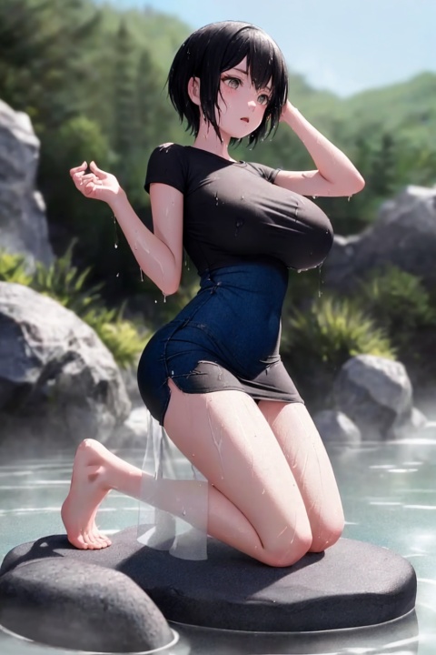  (Style of Comic and Animation:1.3),In the hot spring environment, (a little boy Wearing a black T-shirt And denim shorts kneels on a stone),The top of the head is a Big Girl's legs,Cold white skin, wet body, good figure,Big Breast,(Translucent tulle dress:1.3)