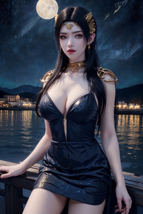  (Best quality, 8k, 32k, Masterpiece,UHD: 1.2),positive perspective,
(solo:1.2), ((1girl)), sexy, (large breasts :1.2), long hair, looking at viewer, perfect body, (tall body), 
 (starry sky :1.5), (two moons :1.3), very beautiful background,seaside, blue sky,
white dress, pantyhose,(Half-length display: 1.5),meidusha