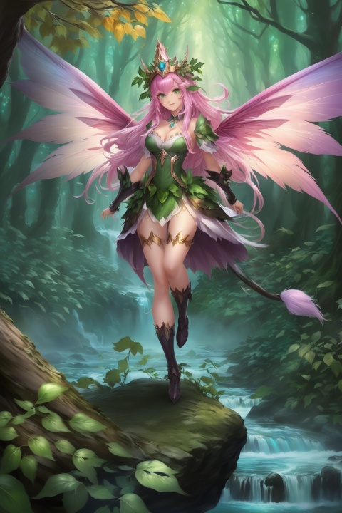  masterpiece,hyperdetail,elf (dragon's crown),fairy (girls' frontline),full body,Depth of Field,forest, female child,waterfall,river,dotheghostalsocharming,PoisonIvy,山海经, Wearing clothes made of leaves,dynamic pose,huapighost, cure beauty,Beautiful eyes,Beautiful face makeup, dazzling fairy crown,Pink eyes, BJ_Sacred_beast, glowing wings,Flying over the forest,