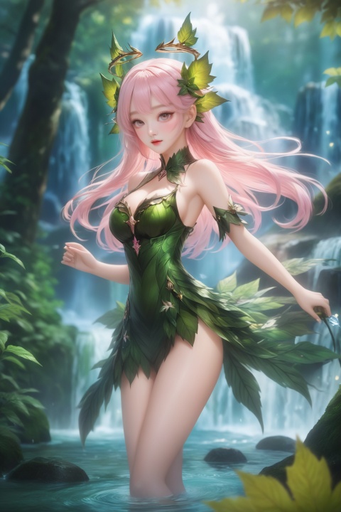  masterpiece,hyperdetail,elf (dragon's crown),fairy (girls' frontline),full body,Depth of Field,forest, waterfall,river,dotheghostalsocharming,Poison Ivy,山海经, Wearing clothes made of leaves,dynamic pose,huapighost, cure beauty,Beautiful eyes,Beautiful face makeup, dazzling fairy crown,Pink eyes, BJ_Sacred_beast, glowing wings