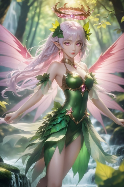  masterpiece,hyperdetail,elf (dragon's crown),fairy (girls' frontline),full body,Depth of Field,forest, waterfall,river,dotheghostalsocharming,Poison Ivy,山海经, Wearing clothes made of leaves,dynamic pose,huapighost, cure beauty,Beautiful eyes,Beautiful face makeup, dazzling fairy crown,Pink eyes, BJ_Sacred_beast, glowing wings