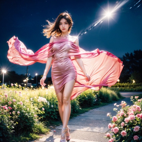  sheer dress, glint sparkle, 1girl, sexy, erotic_pose, sensual_pose, flirting, (masterpiece, best quality, official art, beautiful and aesthetic, photorealistic:1.3), far_moon, starry_sky, meteor shower, (wind blowing:1.3), flower blooming, flower garden, vivid colors, High-Heels, short skirts, solo, extremely detailed, CG unity 8k wallpaper, (Nikon AF-S NIKKOR 35mm f/1.4G)