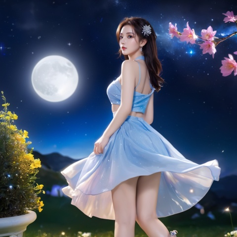  sheer dress, glint sparkle, 1girl, sexy, erotic_pose, sensual_pose, flirting, (masterpiece, best quality, official art, beautiful and aesthetic, photorealistic:1.3), far_moon, starry_sky, meteor shower, (wind blowing:1.3), flower blooming, flower garden, vivid colors, High-Heels, short skirts, solo, extremely detailed, CG unity 8k wallpaper, (Nikon AF-S NIKKOR 35mm f/1.4G), Starry Sky Skirt ,hanfu,chinese cloths