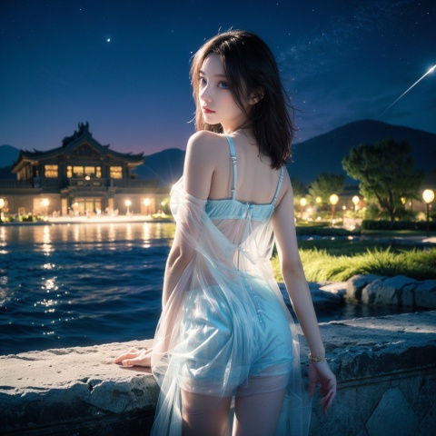  dunhuang, sheer dress, glint sparkle, 1girl, sexy, erotic_pose, sensual_pose, flirting, (masterpiece, best quality, official art, beautiful and aesthetic, photorealistic:1.3), far_moon, starry_sky, meteor shower, (wind blowing:1.3), flower blooming, flower garden, vivid colors, High-Heels, short skirts, solo, extremely detailed, CG unity 8k wallpaper, (Nikon AF-S NIKKOR 35mm f/1.4G),colorful world