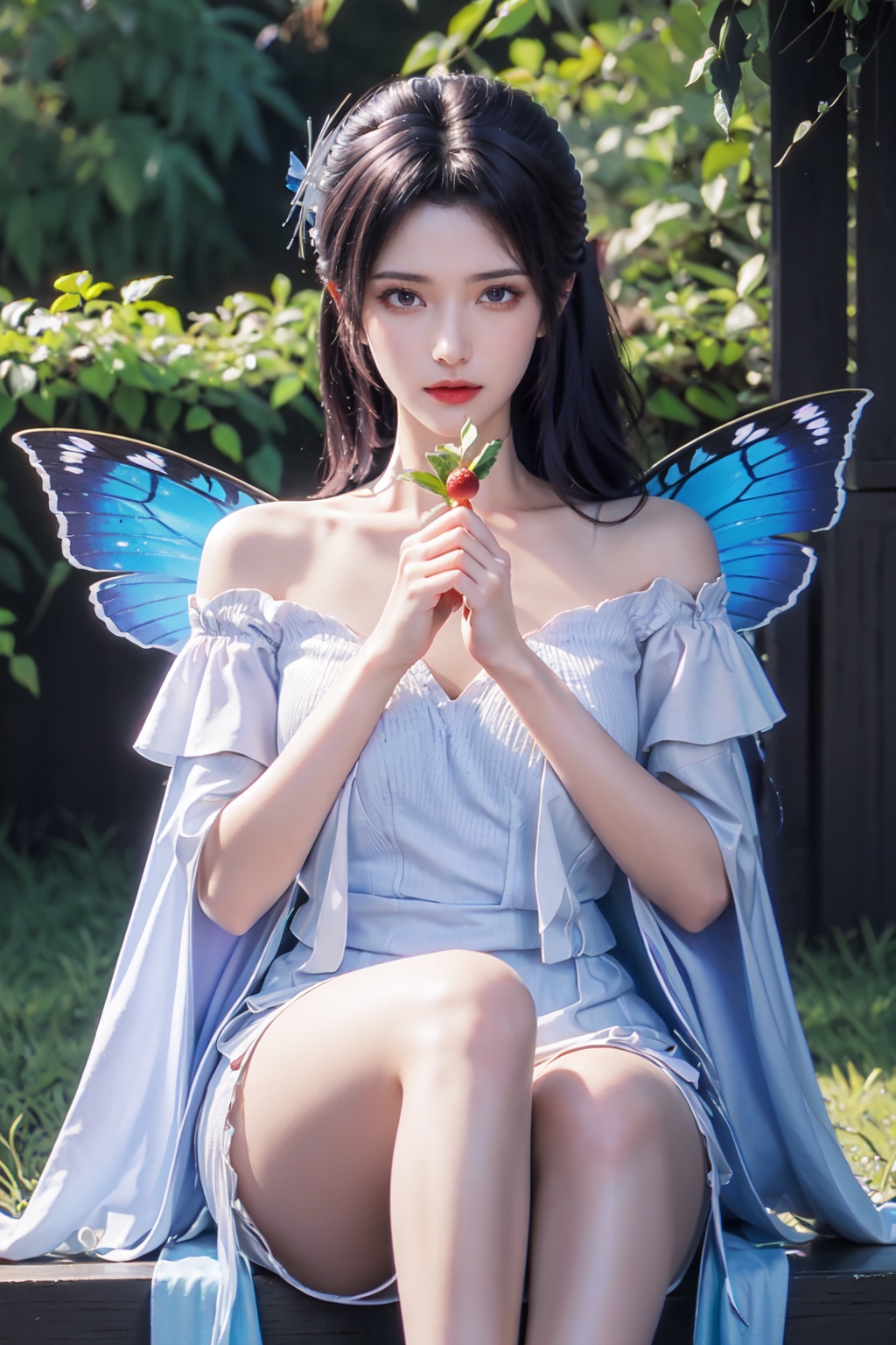  1other, bug, butterfly, light particles, pink eyes, pink hair, androgynous, flower, dress, sitting, solo, blurry, holding fruit, frills, feet out of frame, blue butterfly, food, leaf, fruit, ribbon, sidelocks, depth of field, wings, knees together feet apart, white dress, looking at viewer, holding food, hair ribbon, nature, white ribbon, plant, long hair, fingernails, side ponytail, off-shoulder dress, butterfly wings, holding, bangs, grapes, frilled dress, eyelashes, pink theme, frilled sleeves, bare shoulders, hair flower, outdoors, fairy wings, hair ornament, blue theme, blurry foreground, puffy sleeves, detached sleeves, glowing, forest, off shoulder, other focus, parted lips, finger to mouth, cross-laced clothes, purple theme, short dress, closed mouth, short sleeves, blurry background, wavy hair, layered dress, sideways glance, tree, bow, blue ribbon, raiden shogun,depth of field