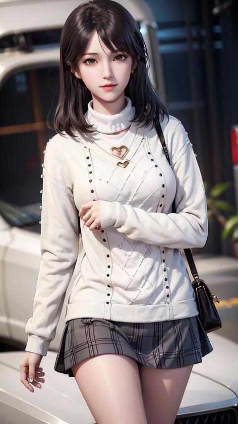  A girl,Black hair,Brown eyes,,Wearing a white sweater,heart cutout,Short skirt,stand,Looking at the viewer,solo,