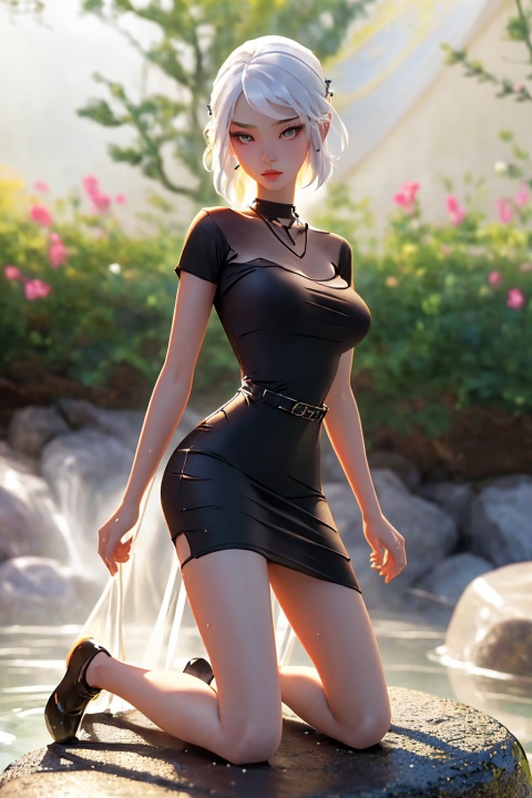  (Style of Comic and Animation:1.3),In the hot spring environment, (a little boy Wearing a black T-shirt And denim shorts kneels on a stone),The top of the head is a Big Girl's legs,Cold white skin, wet body, good figure,Big Breast,(Translucent tulle dress:1.3), solo